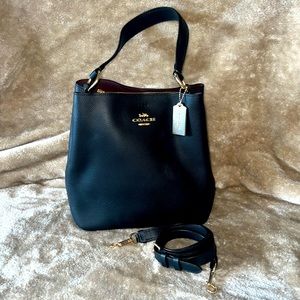 Black Leather Coach bucket bag w/strap